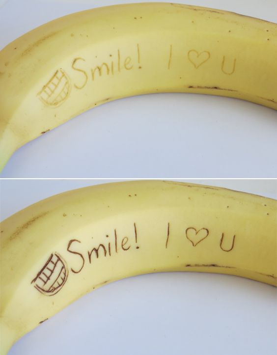 Secret banana message! Use a toothpick to carve the message and as the day goes on it appears!